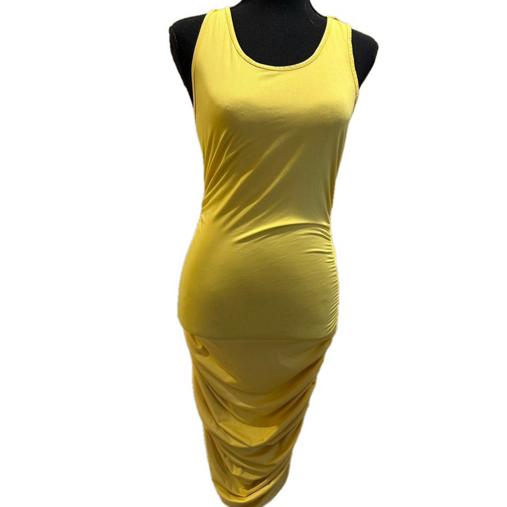 YELLOW MIDI TANK DRESS WITH RUNCHED SIDES
